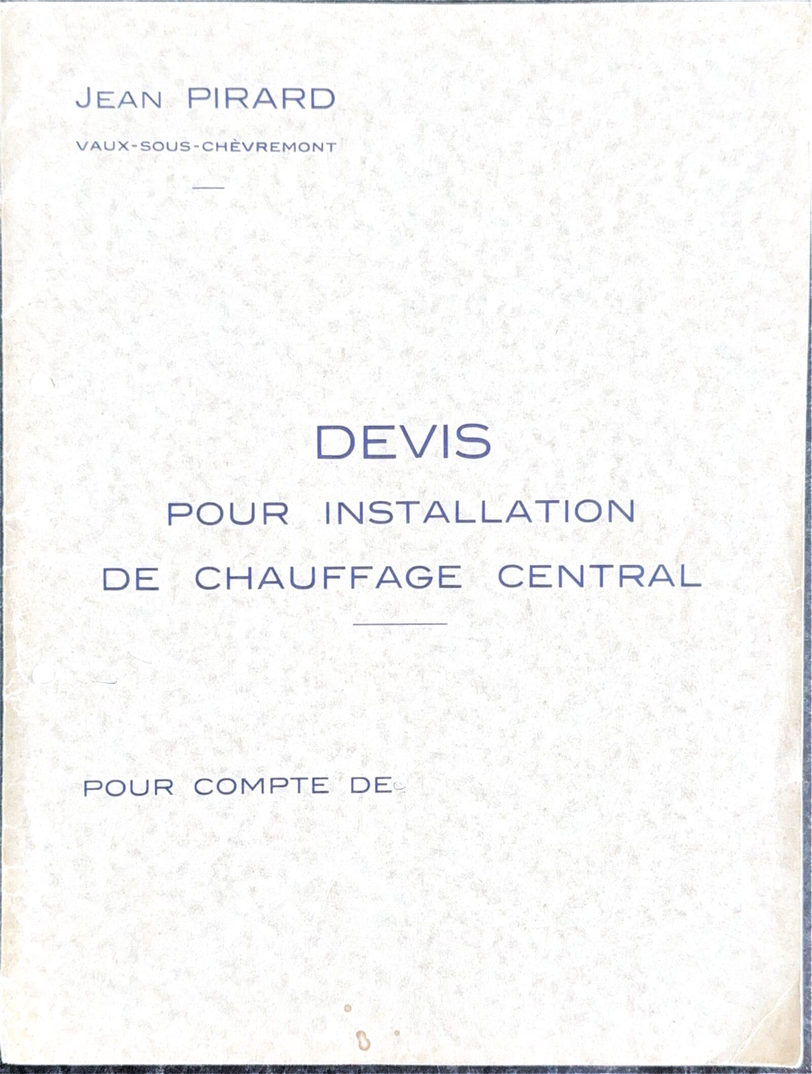 Devis d'installation de chauffage central — Jean Pirard, 1963