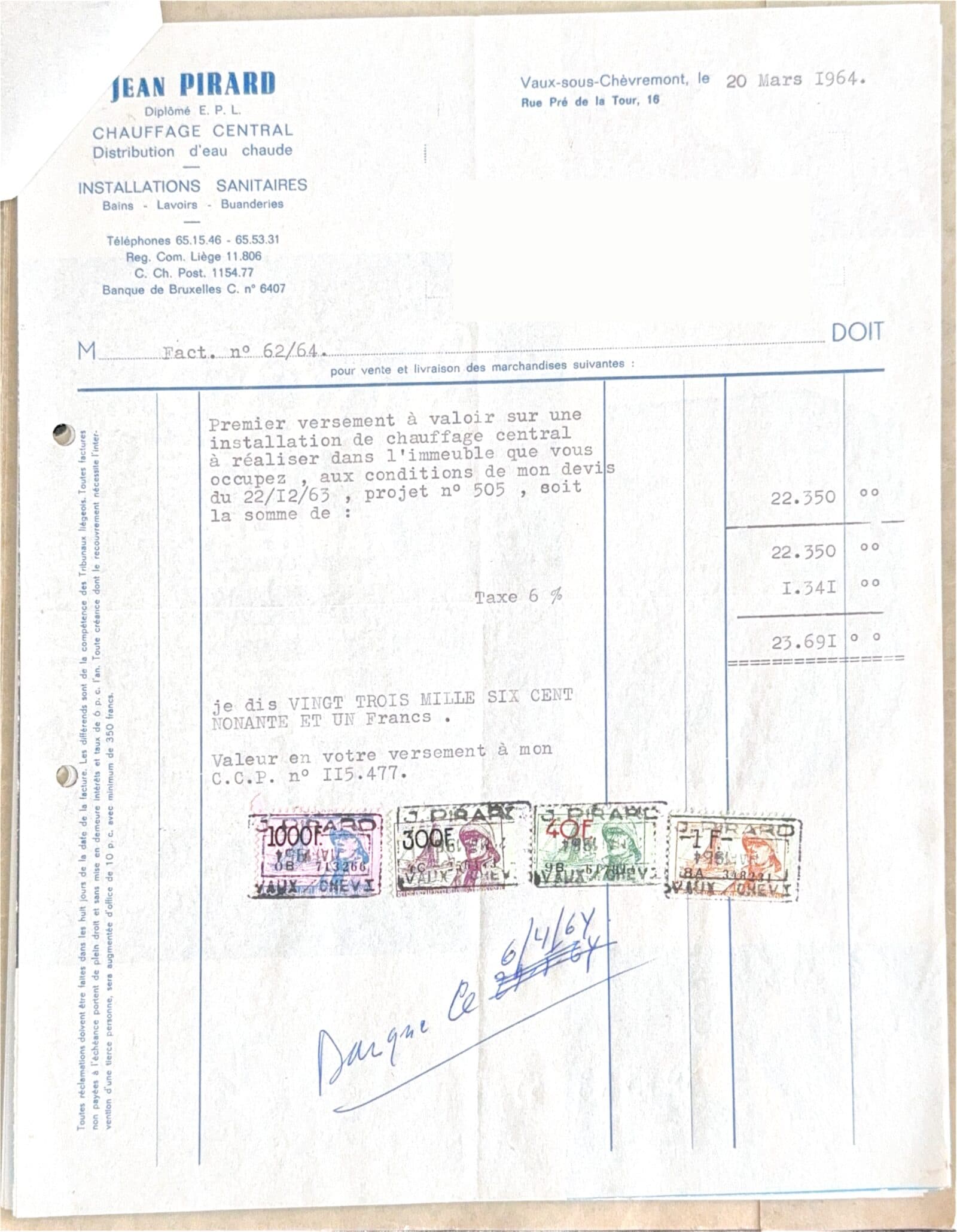 Facture d'époque · timbres fiscaux « J. Pirard » — Jean Pirard, 1964