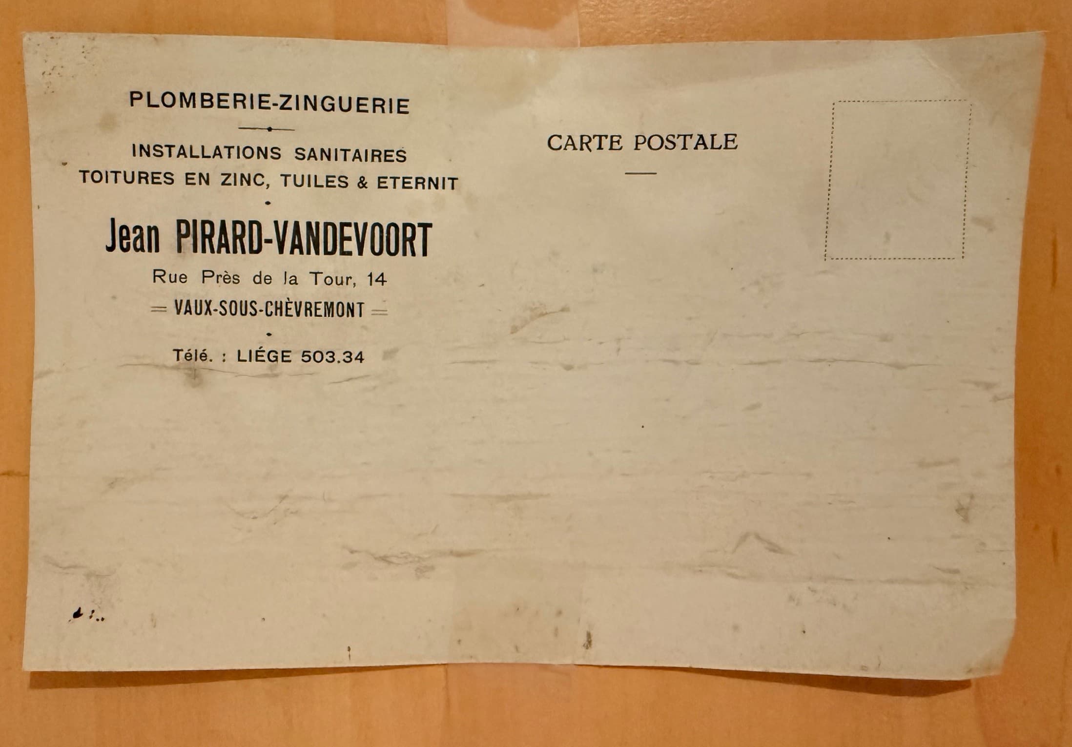 Carte de Jean Pirard-Vandevoort, plombier à Vaux-sous-Chèvremont